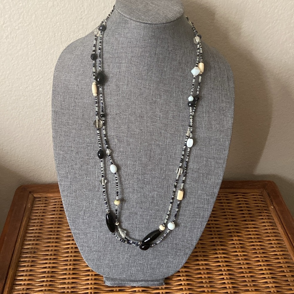 Vintage 90s ARTISAN SUPER LONG GLASS & Bone BEADED NECKLACE